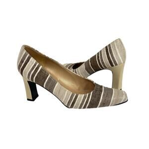 Stuart Weitzman Tan Cream Brown Stripe Woven Fabric Heels 7 B Pumps